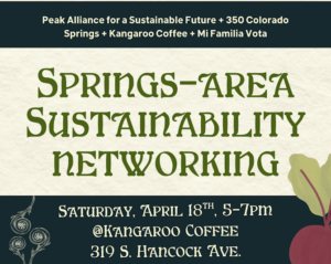Flyer announcing a Springs-Area Networking Event, Apr 18, 2026 at Kangaroo Coffee, 319 S Hancock